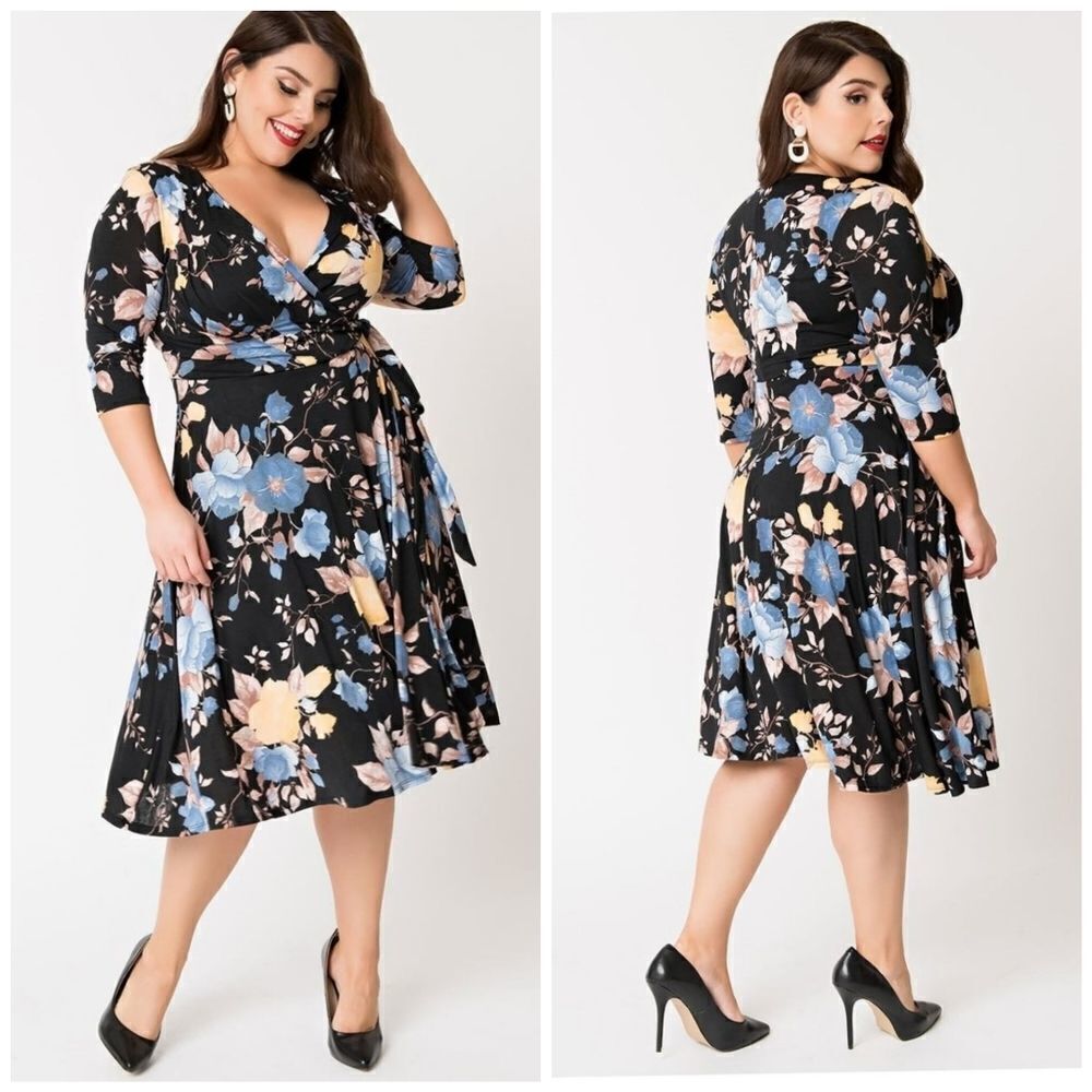 UNIQUE VINTAGE dress black‎ floral Kelsie stretch wrap 1X - Picture 12 of 12